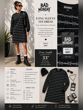 NWT Black Bad Monday Long Sleeve Tee Dress Barbed Wire Design 100% Cotton - 6